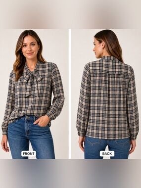 Sweet Salt Bow Tie Neck Blouse Plaid Long Sleeve Women Size 10 Classic Chic
